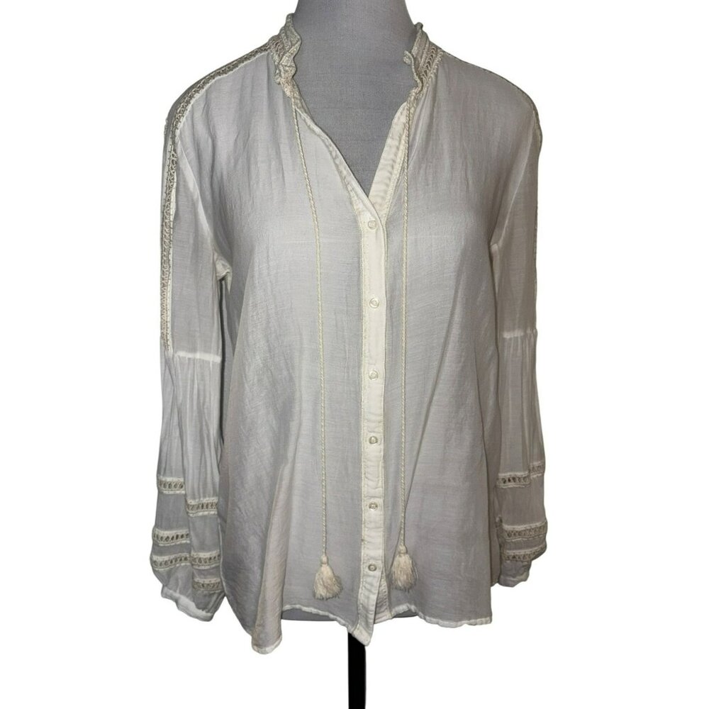 Johnny Was Jade Cotton/Silk Sheer Long Sleeve Button-Down Top Size XS